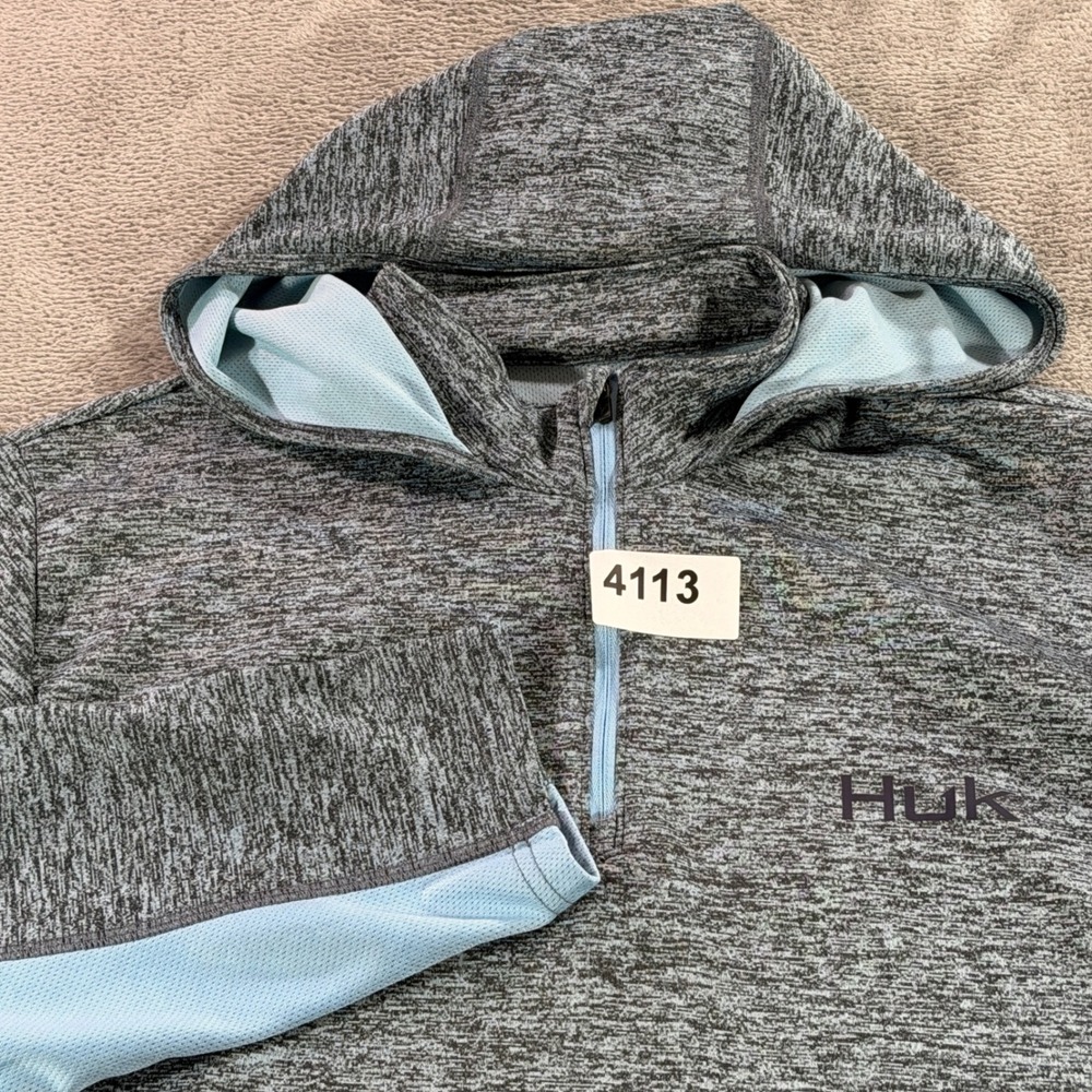 Huk Fishing Hoodie Mens Large Grey Blue Quarter Zip Mesh Performance Shirt